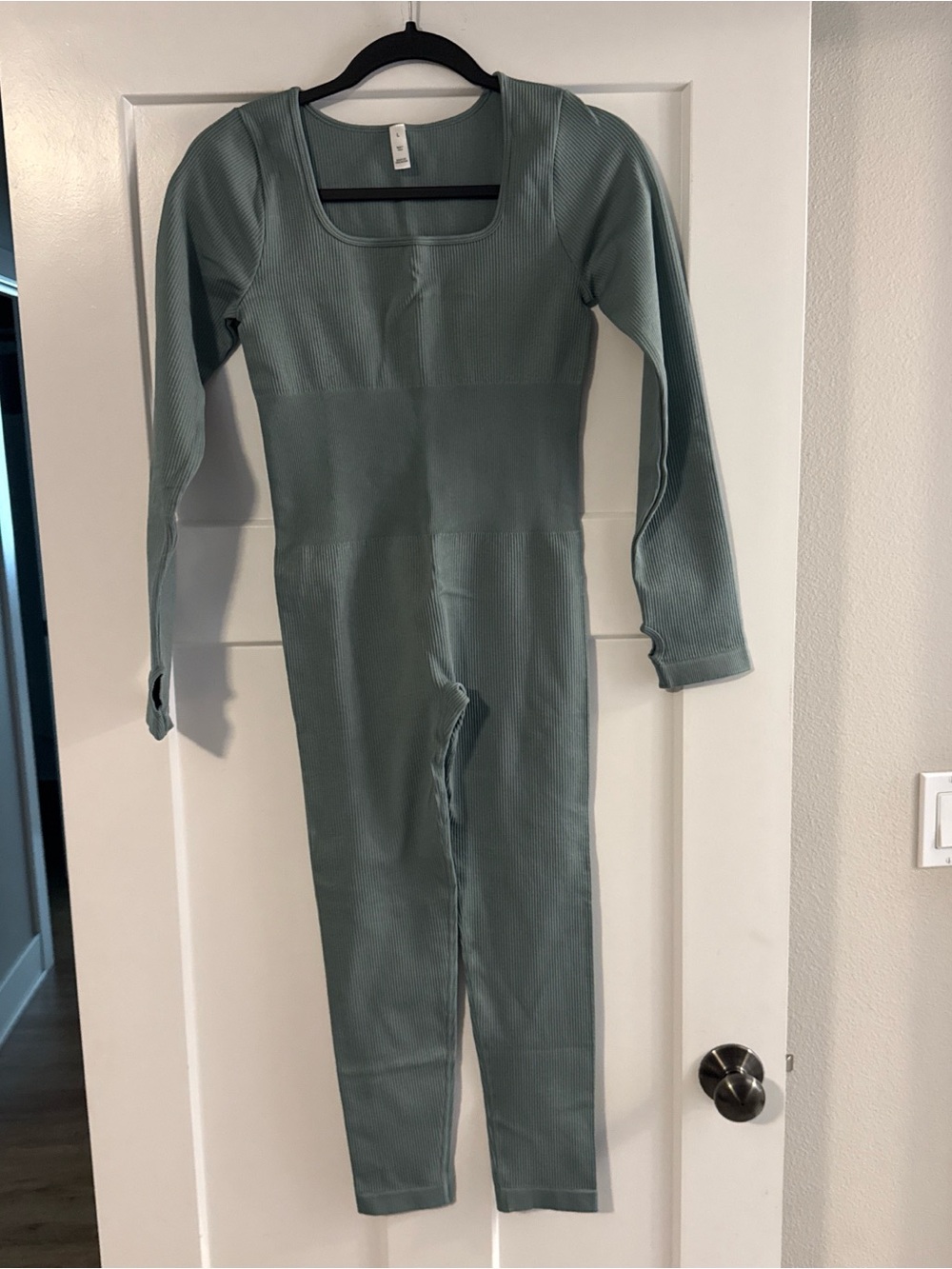 Ribbed Long-Sleeve Square Neck Jumpsuit in Sage Green
